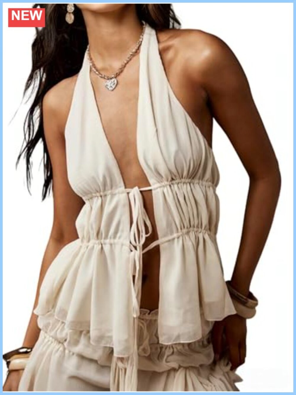 SHENHE Women's Y2K Boho Chiffon Halter Tie Front Backless Tank Top